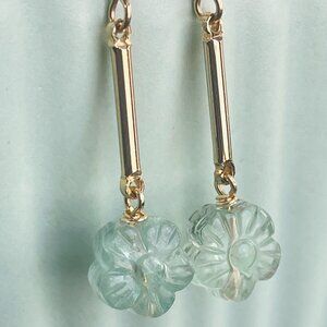 Hand Carved Fluorite Flower Earrings, Light Mint Green Translucent Gemstone